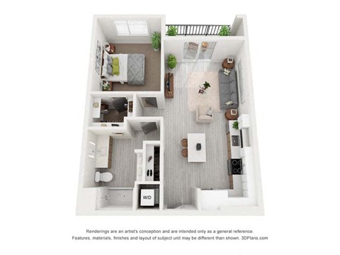 Floor plan for 1 bed, 1 bath, 721 sqft